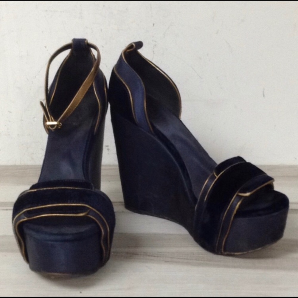 Tory Burch Navy Blue Velvet Wedges